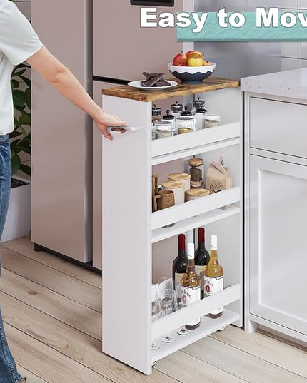 MARTY Rolling Storage Cart 7.9" W, 4-Tier White Kitchen Cart on Wheels, Slim Storage Cart with Handle for Laundry Narrow Places Bathroom Small Corner - LeafyLoom