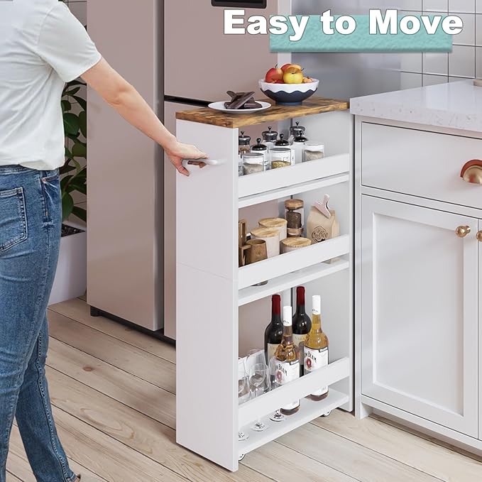 MARTY Rolling Storage Cart 7.9" W, 4-Tier White Kitchen Cart on Wheels, Slim Storage Cart with Handle for Laundry Narrow Places Bathroom Small Corner - LeafyLoom