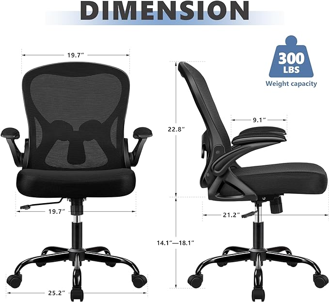 Office Chair Desk Chair, Ergonomic Mesh Computer Chair Home Office Desk Chairs, Swivel Task Chair Mid Back Breathable Rolling Chair with Adjustable Lumbar Support Flip Up Armrest (Black) - LeafyLoom