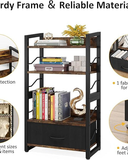 Small Bookshelf with Drawer: 4-Tier Wood Book shelf Industrial Narrow Bookcase Storage Organizer Metal Stackable shelves for Desktop Bedroom Living Room Home Office (Rustic Brown) - LeafyLoom