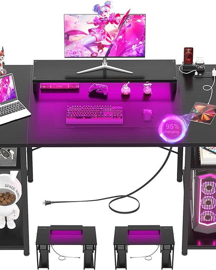 armocity Computer Desk with LED Lights, 48 Inch Reversible Large Desk with Power Outlet and USB, 48'' Gaming PC Table with Moveable Monitor Stand for Home Office, Workstation, Black - LeafyLoom