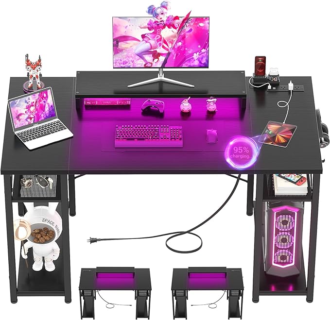 armocity Computer Desk with LED Lights, 48 Inch Reversible Large Desk with Power Outlet and USB, 48'' Gaming PC Table with Moveable Monitor Stand for Home Office, Workstation, Black - LeafyLoom