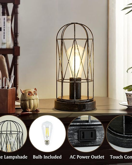 Small Touch Table Lamp Set of 2, 3 Way Dimmable Industrial Bedside Lamp with AC Outlet Rustic Steampunk Nightstand Lamp for Bedroom Living Room Office, LED Bulb Included - LeafyLoom