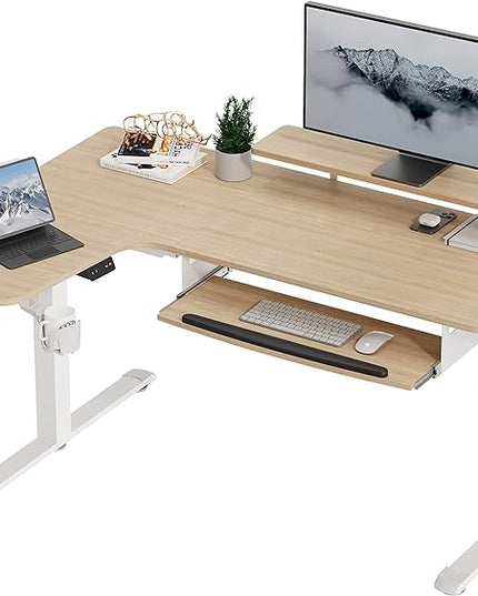 EUREKA ERGONOMIC Standing Desk Adjustable Height 61" Electric Sit Stand Computer Desk L Shaped with Keyboard Tray,Monitor Stand &LED, Dual Motor Memory Presets Sit to Desk Adjustable Desk, Left/Maple - LeafyLoom