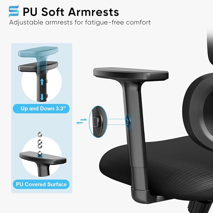 Sytas Ergonomic Office Chair, High Back Mesh Desk Chair with Lumbar Support and Adjustable Headrest, Executive Swivel Computer Chair for Home Office, Tilt Function, Black - LeafyLoom