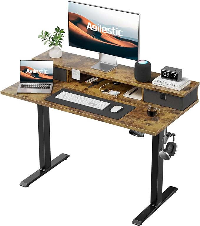 55 x 24 Inches Height Adjustable Electric Standing Desk with 2 Drawers, Stand Up Electric Desk Adjustable Height, Sit Stand Computer Gaming Table with Splice Board, Rustic Brown - LeafyLoom