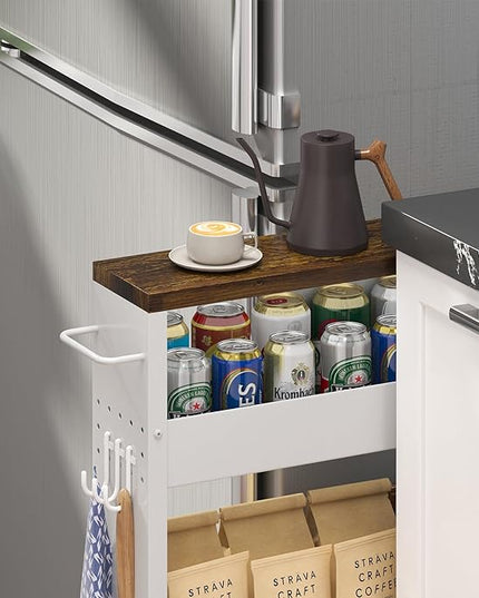 Slim Storage Cart, 4-Tier Kitchen Rolling Cart Narrow Storage Cabinet with Handle & Wood Top, Metal Rolling Shelf Unit for Kitchen Bathroom Laundry Small Places(5 in Width/White & Brown) - LeafyLoom