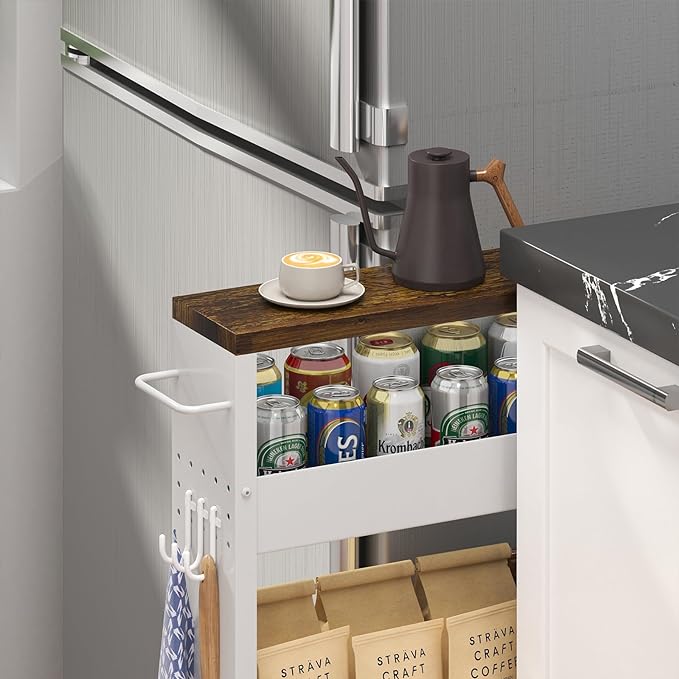 Slim Storage Cart, 4-Tier Kitchen Rolling Cart Narrow Storage Cabinet with Handle & Wood Top, Metal Rolling Shelf Unit for Kitchen Bathroom Laundry Small Places(5 in Width/White & Brown) - LeafyLoom