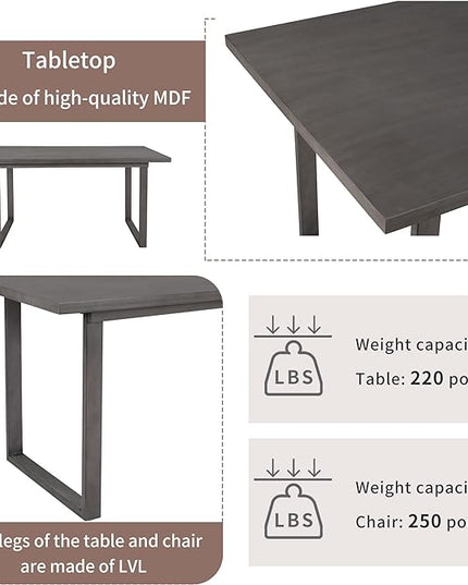 60" Dining Table Set for 6, Solid Wood Dining Room Table Set with Backrest, Kitchen Table Chairs Set of 6 for Living Room and Kitchen, Grey+Beige - LeafyLoom