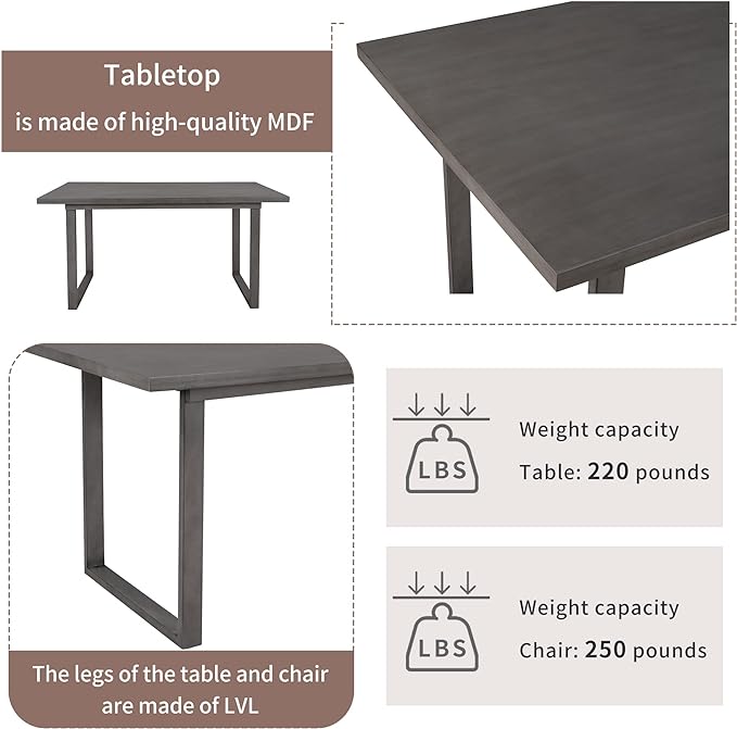 60" Dining Table Set for 6, Solid Wood Dining Room Table Set with Backrest, Kitchen Table Chairs Set of 6 for Living Room and Kitchen, Grey+Beige - LeafyLoom