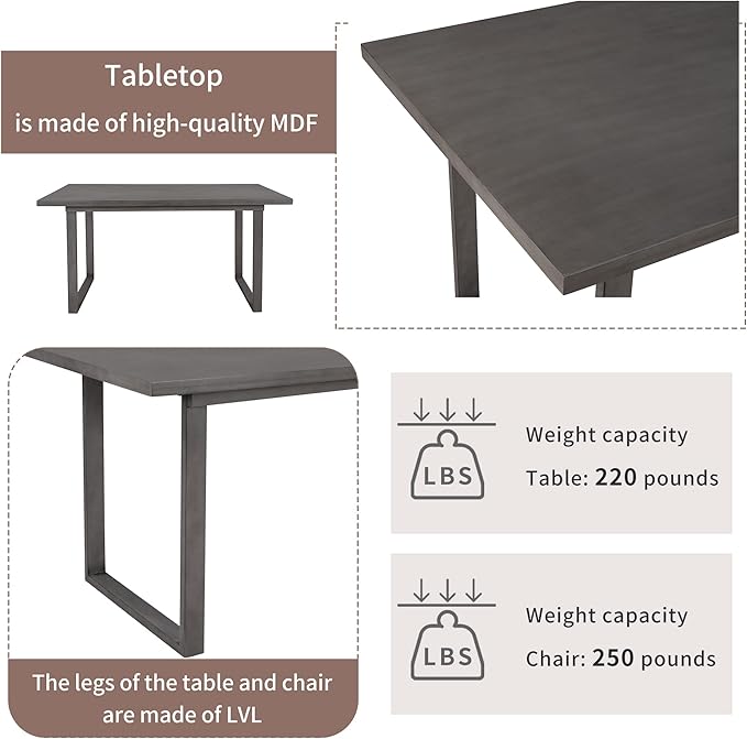 Farmhouse 6-Piece Dining Room Sets, includes 1 Table, 4 Upholstered Side Chairs and 1 Bench, Gray, 60" L x 35.8" W x 30.3" H - LeafyLoom