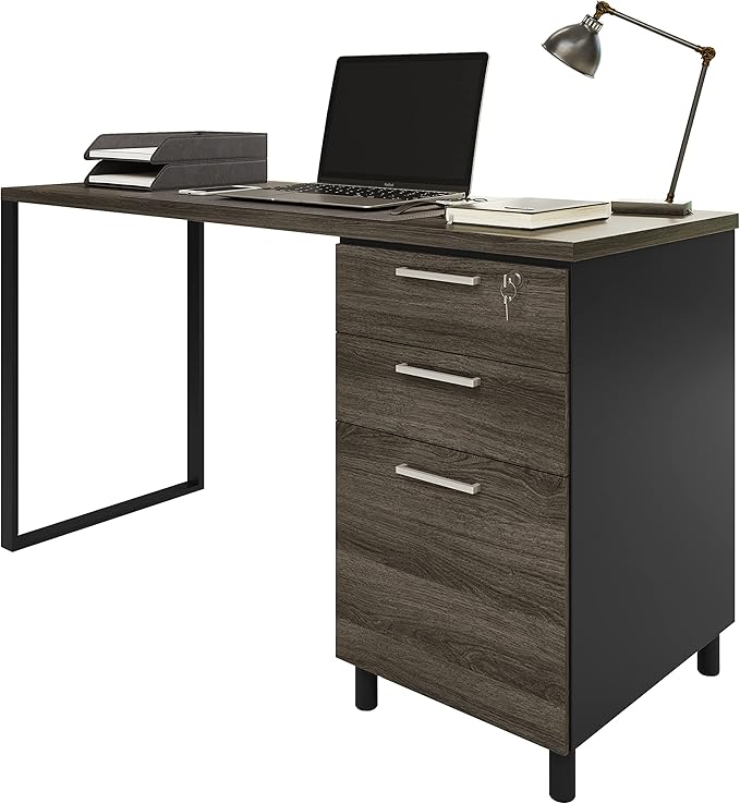 Milano Home Office Desk - 47Inch Space Grey/Black Home Office Desk with Drawers - Modern Computer Desk with Storage, Detachable & Lockable Computer Cabinet - Wooden Office, Study, and Writing Table - LeafyLoom