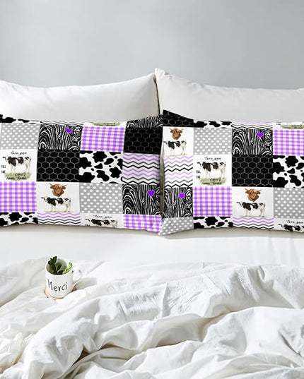 Erosebridal Cute Cow Print Comforter Set Twin Size Kawaii Highland Cow Bedding Set Bedroom Decor Honeycomb Plaid Pattern Geometric Stripes Down Comforter Farm Animals Duvet Set, Purple Black Grey - LeafyLoom