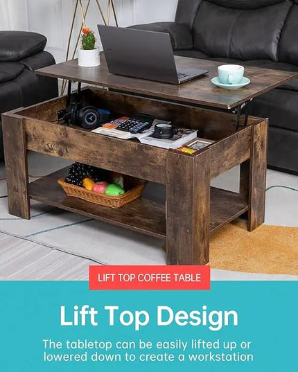 FDW Lift Top Coffee Table with Hidden Compartment and Storage Shelf Wooden Lift Tabletop for Home Living Room Reception Room Office (Brown) - LeafyLoom