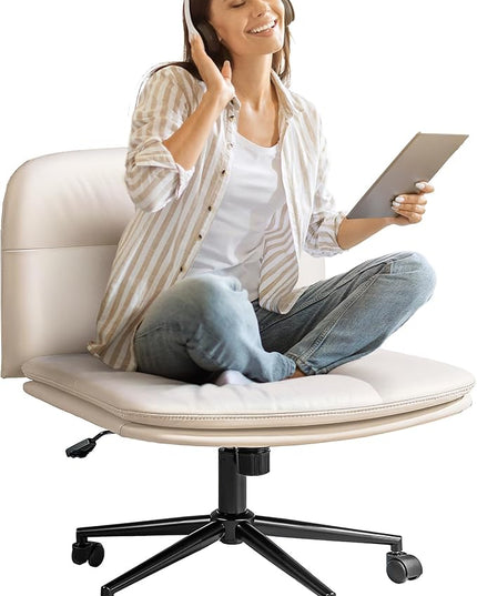 FLEXISPOT Cross Legged Office Chair Armless Desk Chair Comfy Wide Seat Criss Cross Chair with Wheels Vanity Chair for Living Room Bedroom Study Room(White Light Beige) - LeafyLoom
