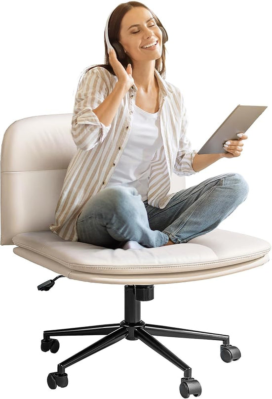 FLEXISPOT Cross Legged Office Chair Armless Desk Chair Comfy Wide Seat Criss Cross Chair with Wheels Vanity Chair for Living Room Bedroom Study Room(White Light Beige) - LeafyLoom