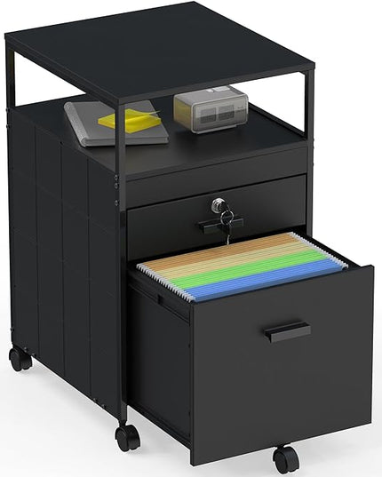 SHW Rolling File Cabinet w/ 2 Drawers & Open Shelf, Black - LeafyLoom