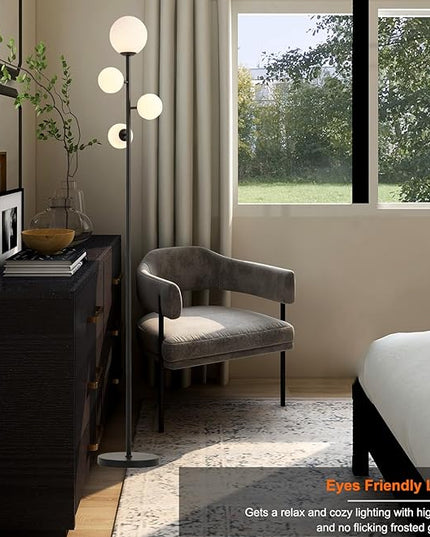 4 Globe Modern Floor Lamp, Mid Century Contemporary Black Standing Lamp with Frosted Orb Glass Shade & Warm White LED Bulbs, Tall Tree Lamp for Living Room, Bedroom, Office, Hotel - LeafyLoom