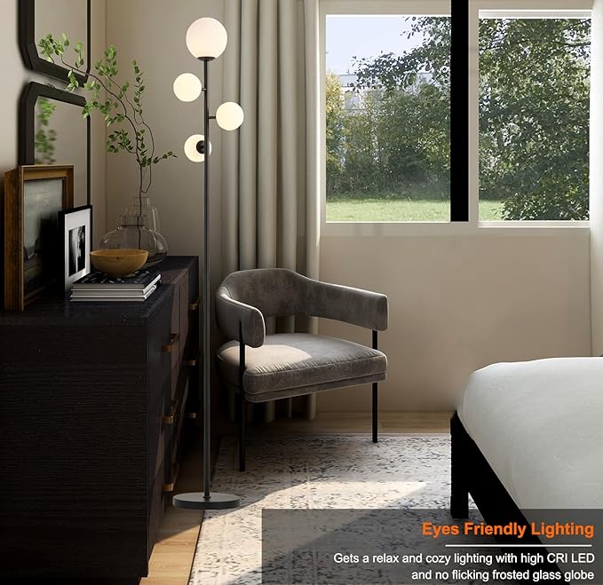 4 Globe Modern Floor Lamp, Mid Century Contemporary Black Standing Lamp with Frosted Orb Glass Shade & Warm White LED Bulbs, Tall Tree Lamp for Living Room, Bedroom, Office, Hotel - LeafyLoom