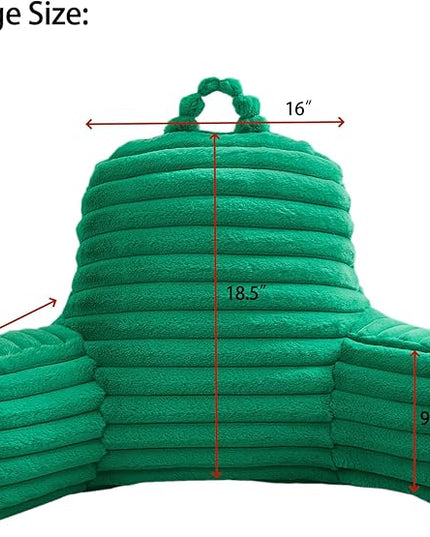 WERDIM Reading Pillow for Sitting in Bed, Faux Fur Back Pillow for Bed Rest, Bed Chair Pillow with Arms and Pockets(Large, Emerald) - LeafyLoom