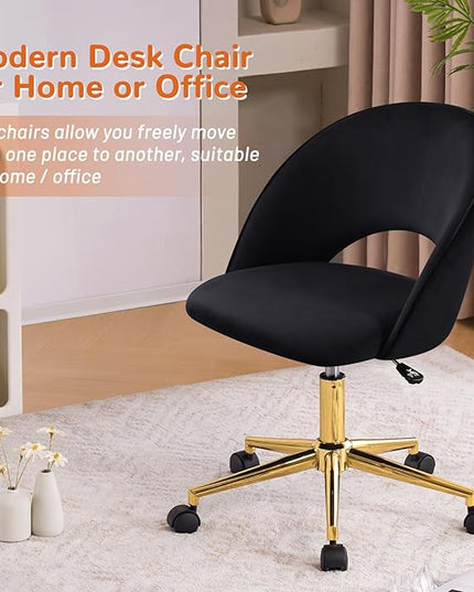 Furniliving Velvet Home Office Chair, Height Adjustable Swivel Vanity Chair with Wheels, Upholstered Desk Task Makeup Chair Computer Chair with Gold Metal Base Stool Chairs (Black) - LeafyLoom