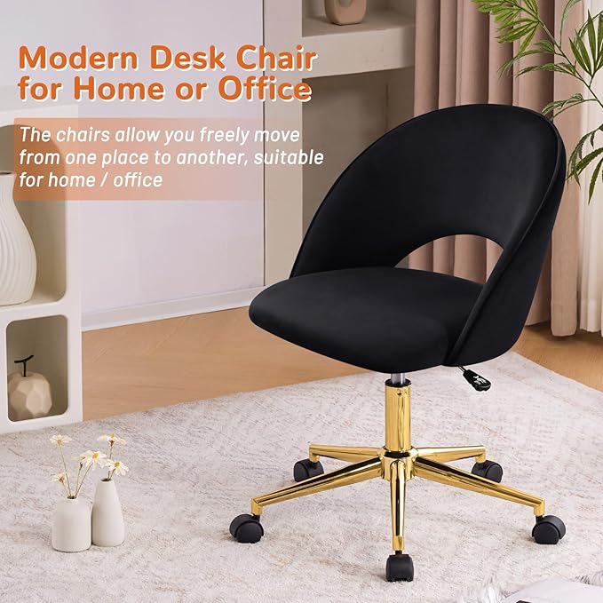 Furniliving Velvet Home Office Chair, Height Adjustable Swivel Vanity Chair with Wheels, Upholstered Desk Task Makeup Chair Computer Chair with Gold Metal Base Stool Chairs (Black) - LeafyLoom