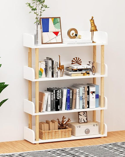 4-Tier Wooden Bookshelf, Modern Open Bookcase with Top Edge and Solid Wood Frame, Freestanding Bookshelf Storage Organizer for Home Office Living Room - LeafyLoom
