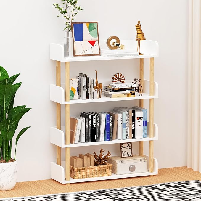 4-Tier Wooden Bookshelf, Modern Open Bookcase with Top Edge and Solid Wood Frame, Freestanding Bookshelf Storage Organizer for Home Office Living Room - LeafyLoom