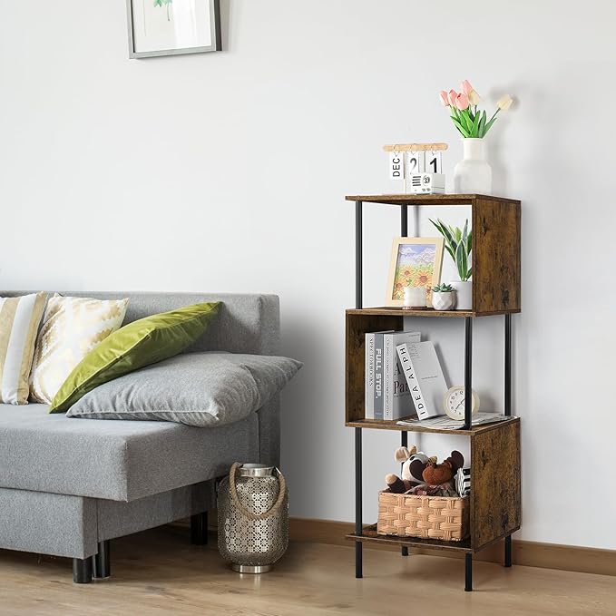 ETELI 4 Tier Bookshelf S-Shaped Small Bookcase Modern Freestanding Multifunctional Wooden Book Shelves for Farmhouse, Living Room, Bedroom, and Home Office - LeafyLoom