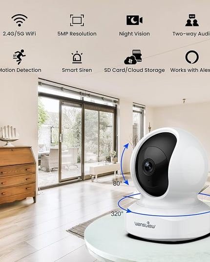 wansview Security Camera, IP Camera, WiFi Home Indoor Camera for Baby/Pet/Nanny, 2 Way Audio Night Vision, Compatible with Alexa, with TF Card Slot and Cloud, Q5 (White, 5MP) Wansview