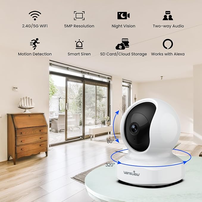 wansview Security Camera, IP Camera, WiFi Home Indoor Camera for Baby/Pet/Nanny, 2 Way Audio Night Vision, Compatible with Alexa, with TF Card Slot and Cloud, Q5 (White, 5MP) Wansview