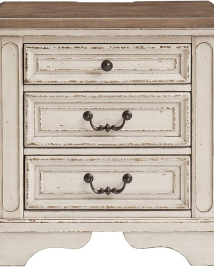 Signature Design by Ashley Realyn French Country 3 Drawer Nightstand with Electrical Outlets & USB Ports, Chipped White - LeafyLoom