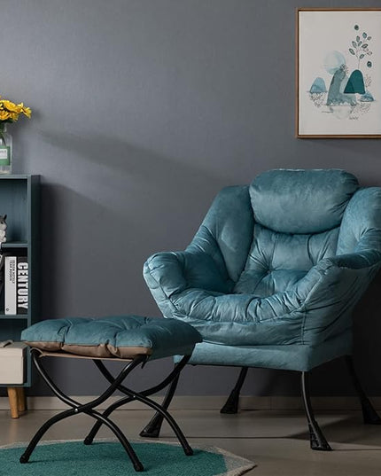 HollyHOME Fabric Lazy Chair with Foldable Ottoman, Accent Comfy Lounge Arm Chair and Folding Footrest Stool Set, Leisure Sofa Reading Chair and Footstool for Living Room, Bedroom, Dorm, Blue - LeafyLoom
