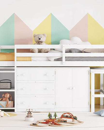 Twin Size Low Loft Bed with Pull-Out Desk, Drawers, Cabinet, and Shelves, for Kids Boys Girls Bedroom, White - LeafyLoom