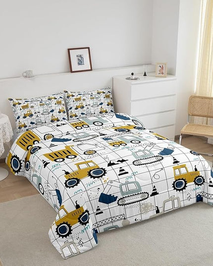 Construction Comforter Set Full Size Kids Excavator Tractor Toddler Comforter Cartoon Car Equipment Trucks Plaid Grid Comforter Set Construction Vehicles White Yellow Duvet Set - LeafyLoom
