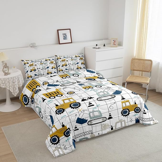 Construction Comforter Set Full Size Kids Excavator Tractor Toddler Comforter Cartoon Car Equipment Trucks Plaid Grid Comforter Set Construction Vehicles White Yellow Duvet Set - LeafyLoom