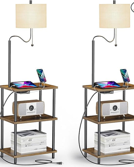 Set of 2 Floor Lamp with Table, End Table with USB Charging Port Type-C, Power Outlet, Bedside Nightstand Shelves, Side Table with Reading Standing Light for Living Room Bedroom(Brown) - LeafyLoom