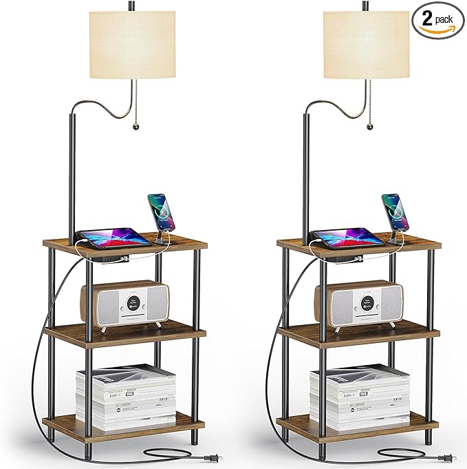 Set of 2 Floor Lamp with Table, End Table with USB Charging Port Type-C, Power Outlet, Bedside Nightstand Shelves, Side Table with Reading Standing Light for Living Room Bedroom(Brown) - LeafyLoom
