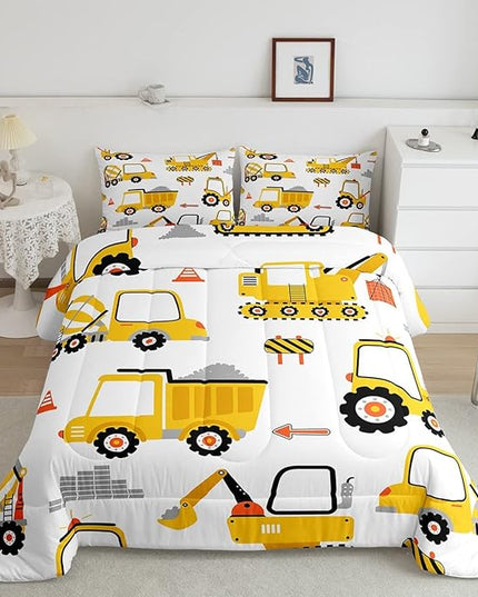 Cartoon Car Comforter Set Kids Construction Comforter for Boys Equipment Trucks Bedding Set Breathable Cartoon Yellow Car Excavator Tractor Duvet Set Room Decor Quilt Set Full Size - LeafyLoom