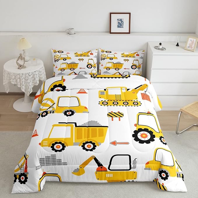 Cartoon Car Comforter Set Kids Construction Comforter for Boys Equipment Trucks Bedding Set Breathable Cartoon Yellow Car Excavator Tractor Duvet Set Room Decor Quilt Set Full Size - LeafyLoom