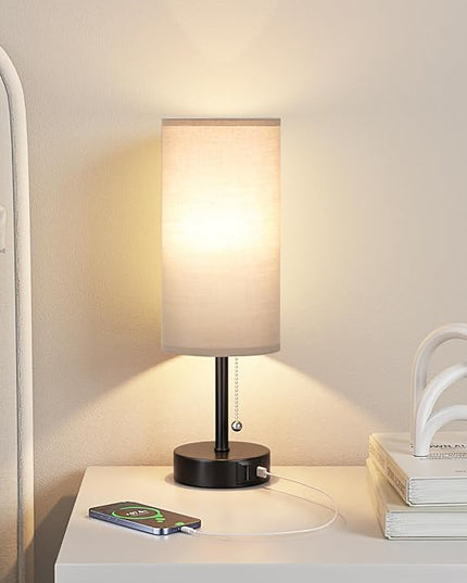 Grey Table Bedside Lamp for Bedroom Nightstand- Small Lamp with USB A + C Charging Port, 3 Color Temperatures Pull Chain Night Stand Light with Bulb, Side Table Desk Reading Lamp for Living Room - LeafyLoom