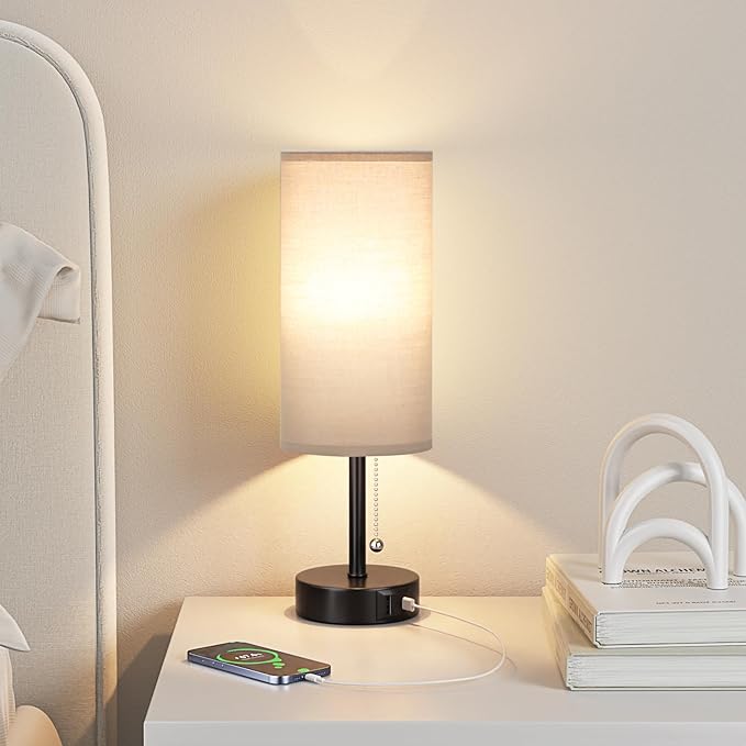 Grey Table Bedside Lamp for Bedroom Nightstand- Small Lamp with USB A + C Charging Port, 3 Color Temperatures Pull Chain Night Stand Light with Bulb, Side Table Desk Reading Lamp for Living Room - LeafyLoom