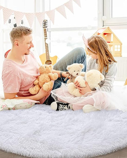 White Round Rug for Bedroom, Super Fluffy Circle Rugs for Baby Nursery, 5'X5' Feet Furry Carpet for Children Kids Room, Cute Soft Shaggy Rug for Girls Home Decor, Fuzzy Plush Carpets for Dorm - LeafyLoom