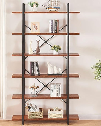 HSH Solid Wood Bookshelf, 6 Tier Tall Industrial Etagere Bookcase and Storage Shelves Heavy Duty, Rustic Large Open Vertical Metal Natural Real Wood Book Shelf for Bedroom Living Room Distressed Brown - LeafyLoom