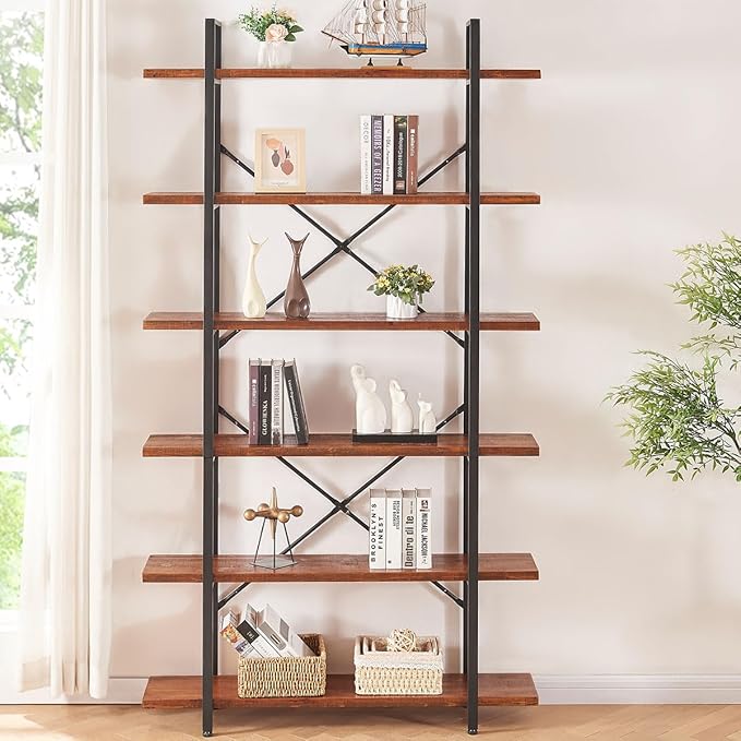 HSH Solid Wood Bookshelf, 6 Tier Tall Industrial Etagere Bookcase and Storage Shelves Heavy Duty, Rustic Large Open Vertical Metal Natural Real Wood Book Shelf for Bedroom Living Room Distressed Brown - LeafyLoom