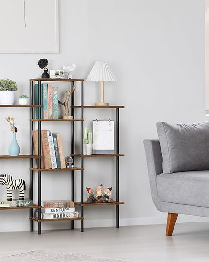 ETELI 4 Tier Small Bookshelf Triple Wide Bookcase with 10 Storage Shelves Open Shelf Book Shelf Book Case for Home & Office, Living Room, Industrial Style, 7.8" D x 37" W x 41.6" H - LeafyLoom