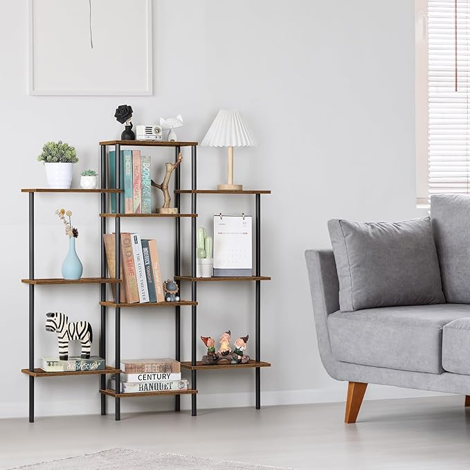 ETELI 4 Tier Small Bookshelf Triple Wide Bookcase with 10 Storage Shelves Open Shelf Book Shelf Book Case for Home & Office, Living Room, Industrial Style, 7.8" D x 37" W x 41.6" H - LeafyLoom