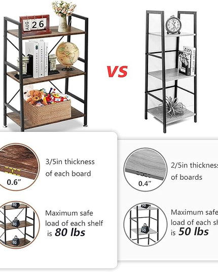 TooCust 3 Tier Open Book Shelf, 37" x 23" x 10.8" 3 Tier Wood Bookshelf, 3 Shelf Bookcase, Vintage Standing Metal Frame Book Shelves, Rustic Brown - LeafyLoom