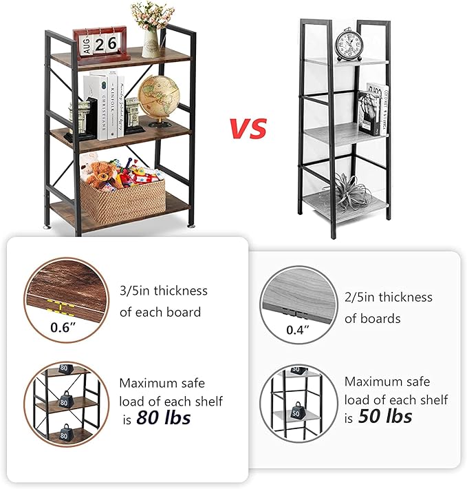 TooCust 3 Tier Open Book Shelf, 37" x 23" x 10.8" 3 Tier Wood Bookshelf, 3 Shelf Bookcase, Vintage Standing Metal Frame Book Shelves, Rustic Brown - LeafyLoom