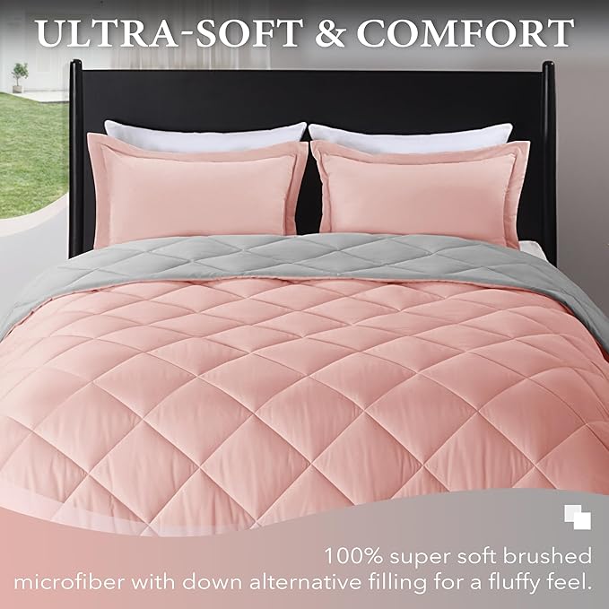 downluxe Twin Comforter Set - Pink and Grey Twin Comforter, Soft Bedding Sets for All Seasons -2 Pieces - 1 Comforter (66"x92") and 1 Pillow Sham(20"x26") - LeafyLoom
